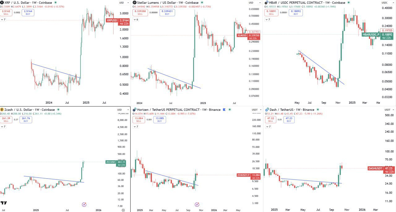 Quarterly Crypto Picks — XRP, XLM, HBAR (Q4/2024); ZEC, ZEN, DASH (Q4/2025)