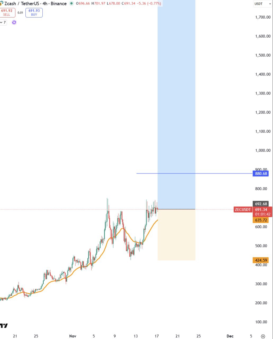 ZEC Long Trade Setup — TP1 888