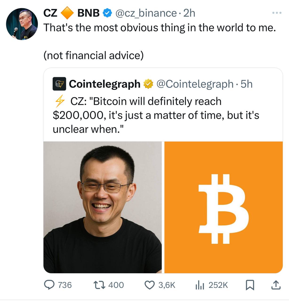 Binance CEO Suggests Bitcoin Could Hit $150K — Tweet Screenshot