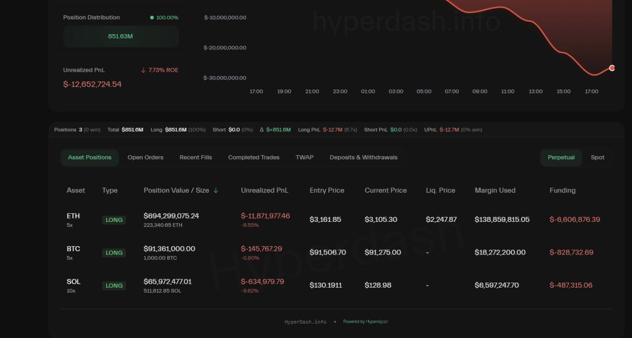 Whale Unrealized P&L Swing: -$50M → +$50M → -$12M (Funding -$6M)